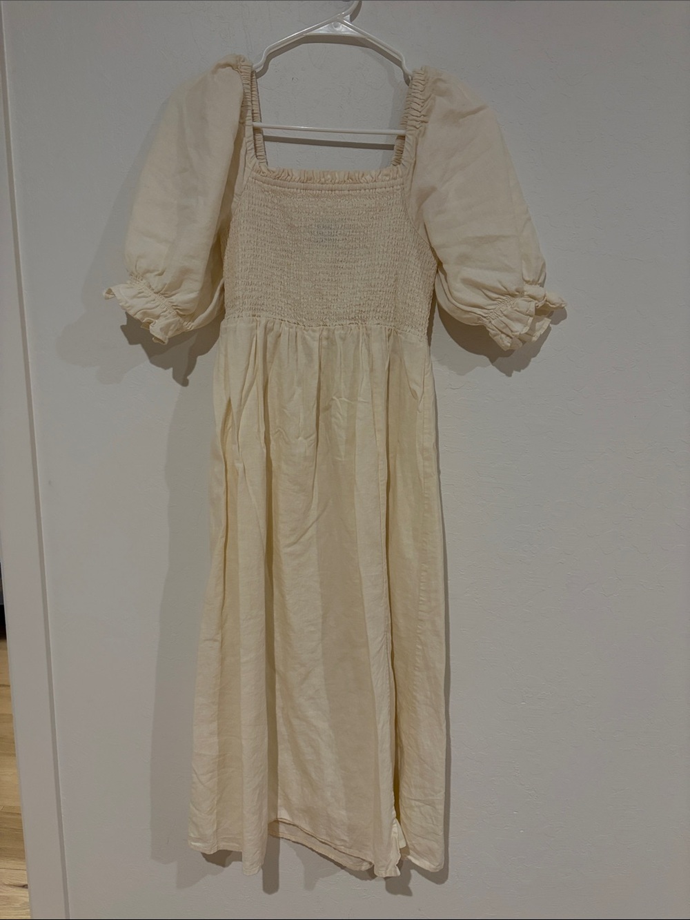 GAP Cream Smocked Midi Dress with Puff Sleeves